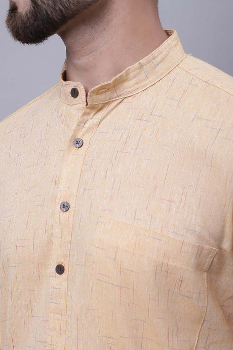 Buy Men's Yellow Cotton Printed Long Kurta Top Online - Side