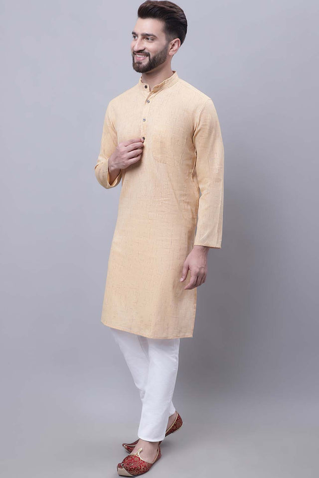 Buy Men's Yellow Cotton Printed Long Kurta Top Online - Zoom Out