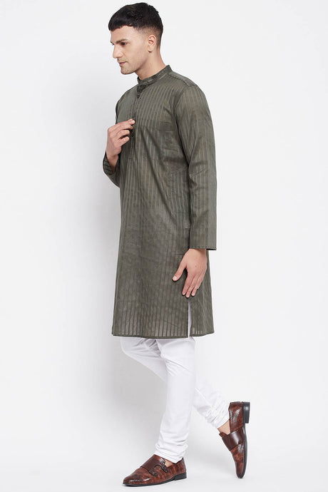 Buy Men's Pure Cotton Stripe Printed Sherwani Kurta in Light Green - Back