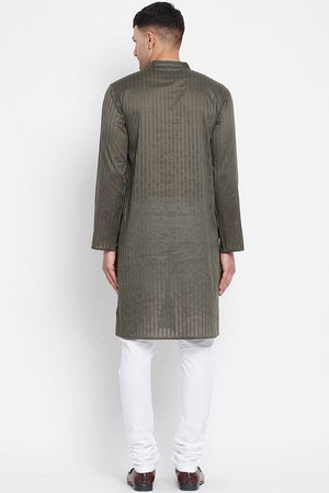 Buy Men's Pure Cotton Stripe Printed Sherwani Kurta in Light Green - Zoom in