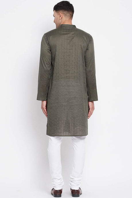 Buy Men's Pure Cotton Stripe Printed Sherwani Kurta in Light Green - Zoom in