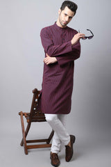 Men's Dark Black Self-Design Full Sleeve Long Kurta Top