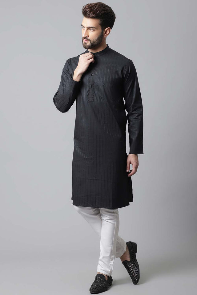 Buy Men's Black Cotton Stripes Long Kurta Online - KARMAPLACE