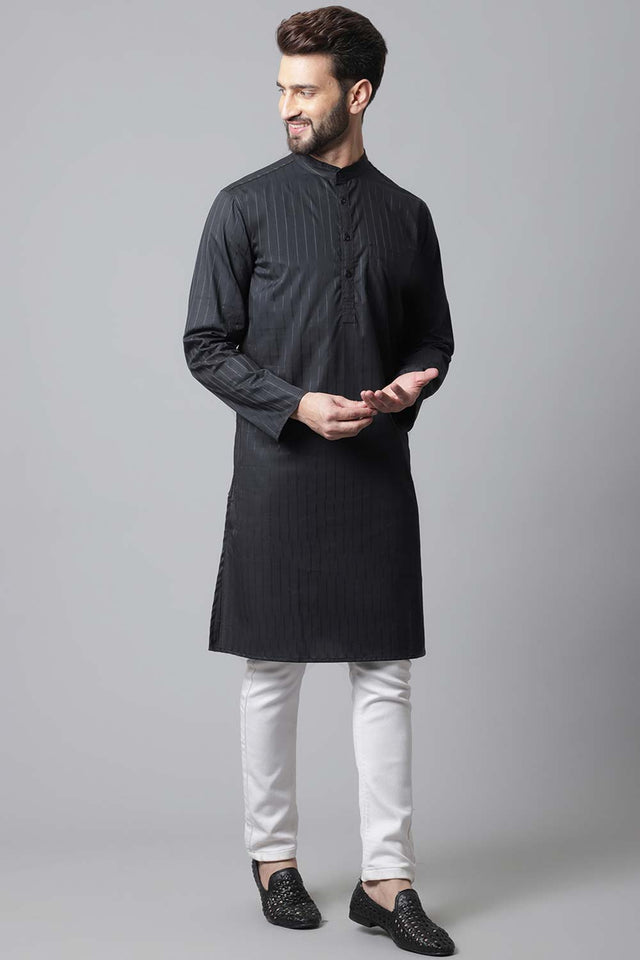 Buy Men's Black Cotton Stripes Long Kurta Online - KARMAPLACE
