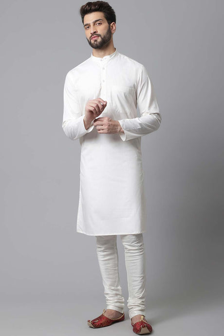 Buy Men's White Cotton Stripes Long Kurta Online - KARMAPLACE