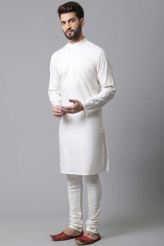 Buy Men's White Cotton Stripes Long Kurta Online - KARMAPLACE