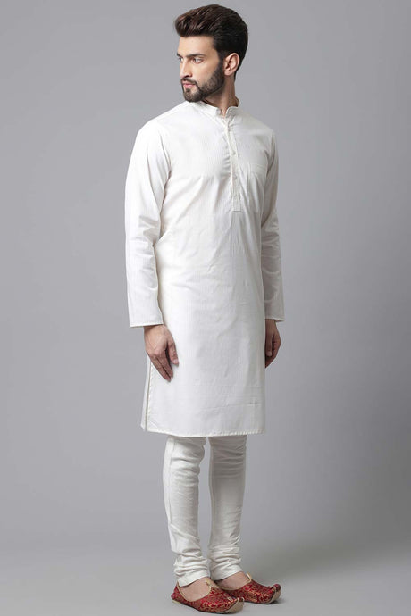 Buy Men's White Cotton Stripes Long Kurta Online - KARMAPLACE