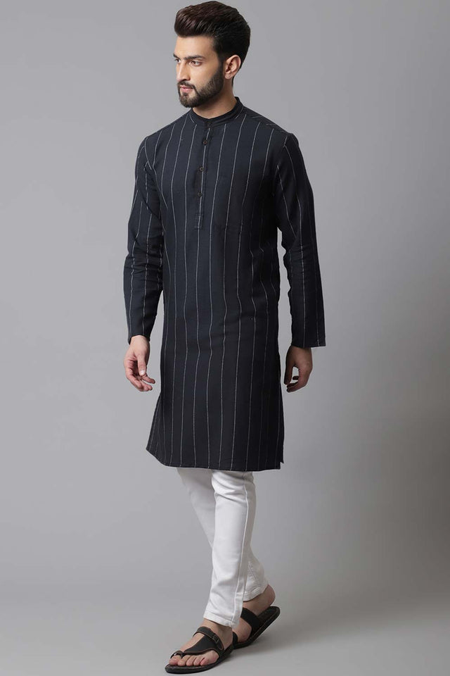 Buy Men's Black Cotton Stripes Long Kurta Online - KARMAPLACE