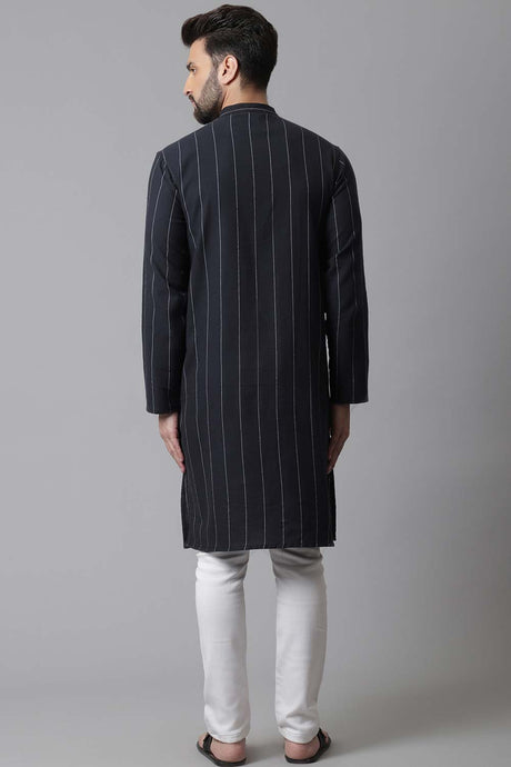 Buy Men's Black Cotton Stripes Long Kurta Online - KARMAPLACE