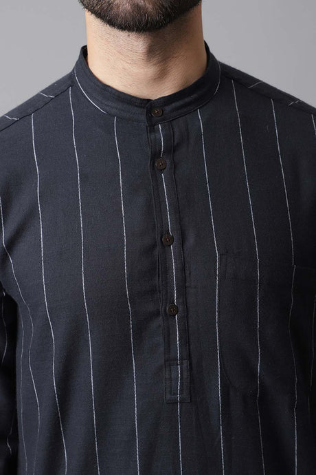 Buy Men's Black Cotton Stripes Long Kurta Online - KARMAPLACE