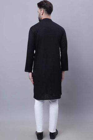 Buy Men's Black Cotton Self Design Long Kurta Top Online - Front