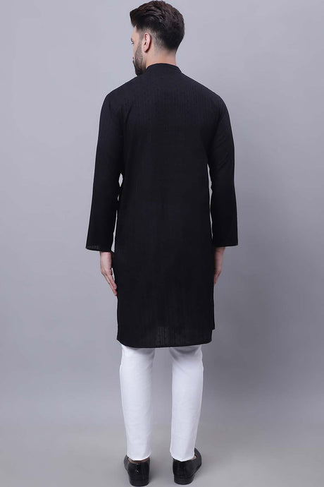 Buy Men's Black Cotton Self Design Long Kurta Top Online - Front