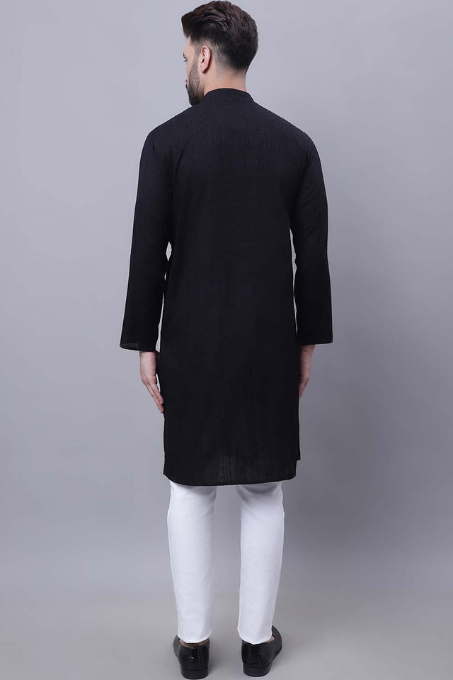 Buy Men's Black Cotton Self Design Long Kurta Top Online - Front