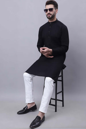 Buy Men's Black Cotton Self Design Long Kurta Top Online - Zoom In