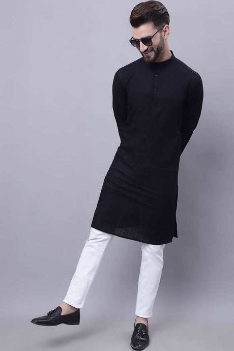 Buy Men's Black Cotton Self Design Long Kurta Top Online - Zoom Out
