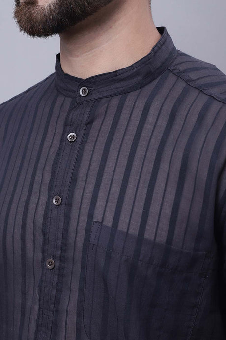 Buy Men's Black Cotton Striped Long Kurta Top Online - Side