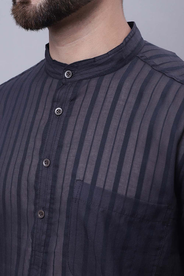Buy Men's Black Cotton Striped Long Kurta Top Online - Side