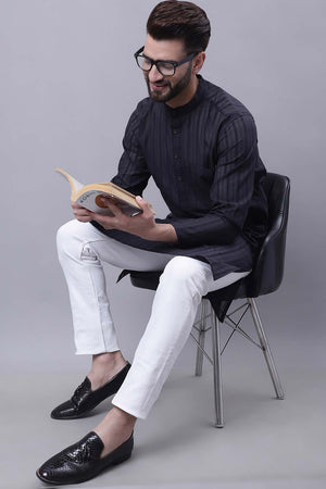 Buy Men's Black Cotton Striped Long Kurta Top Online - Zoom Out