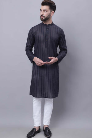 Buy Men's Black Cotton Striped Long Kurta Top Online