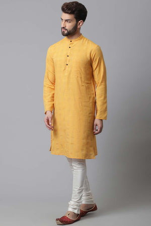 Buy Men's Yellow Cotton Self-design Long Kurta Online - KARMAPLACE