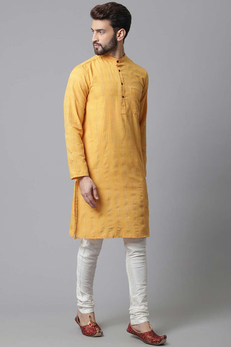 Buy Men's Yellow Cotton Self-design Long Kurta Online - KARMAPLACE