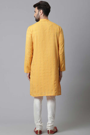 Buy Men's Yellow Cotton Self-design Long Kurta Online - KARMAPLACE