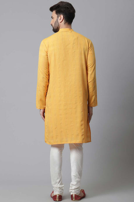 Buy Men's Yellow Cotton Self-design Long Kurta Online - KARMAPLACE
