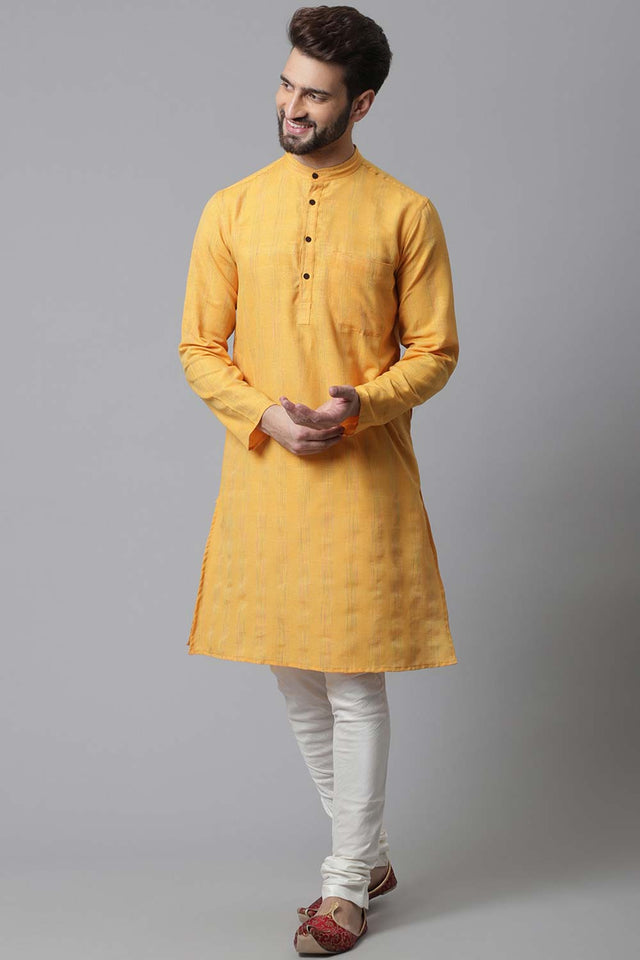 Buy Men's Yellow Cotton Self-design Long Kurta Online - KARMAPLACE