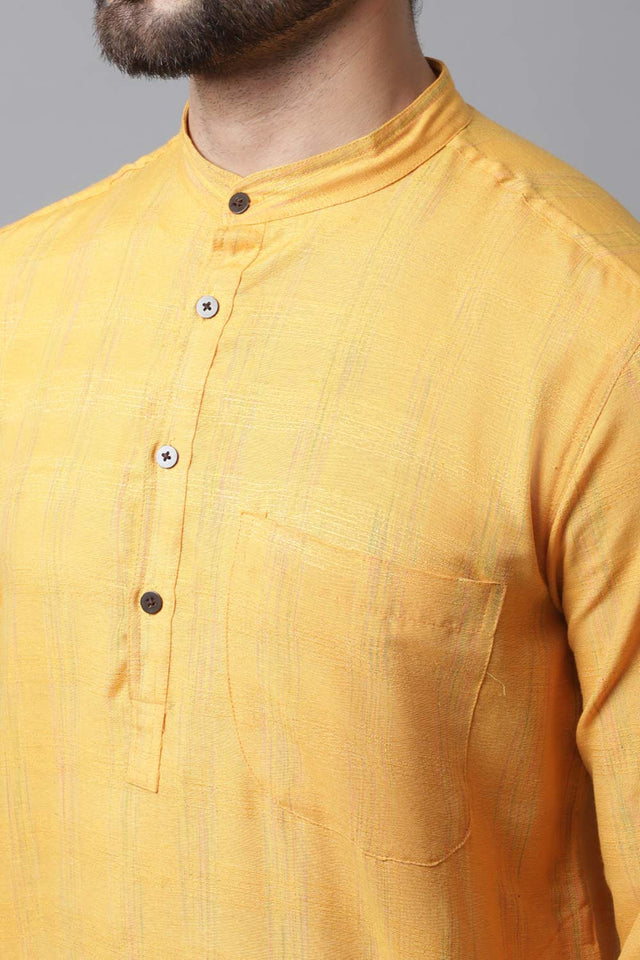 Buy Men's Yellow Cotton Self-design Long Kurta Online - KARMAPLACE