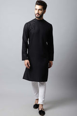Men's Dark Black Self-Design Full Sleeve Kurta Top