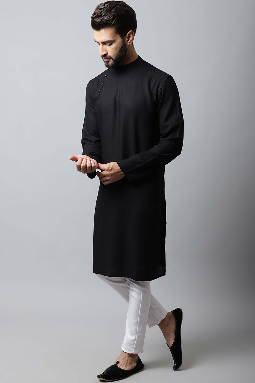 Men's Dark Black Self-Design Full Sleeve Kurta Top