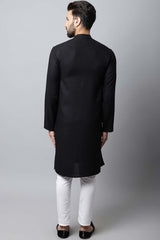 Men's Dark Black Self-Design Full Sleeve Kurta Top