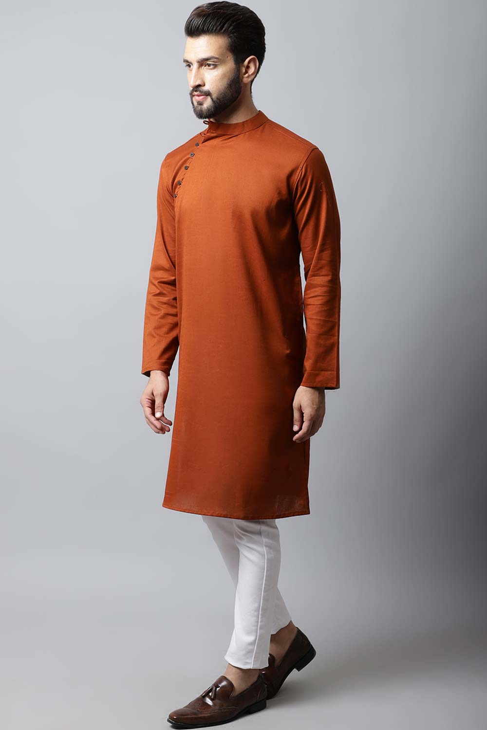 Men's Dark Brown Self-Design Full Sleeve Long Kurta Top