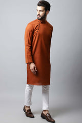 Men's Dark Brown Self-Design Full Sleeve Long Kurta Top