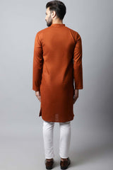 Men's Dark Brown Self-Design Full Sleeve Long Kurta Top
