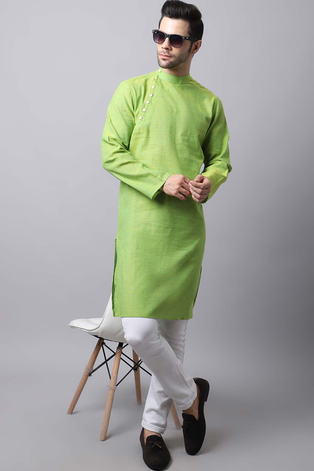 Men's Light Green Solid Full Sleeve Long Kurta Top