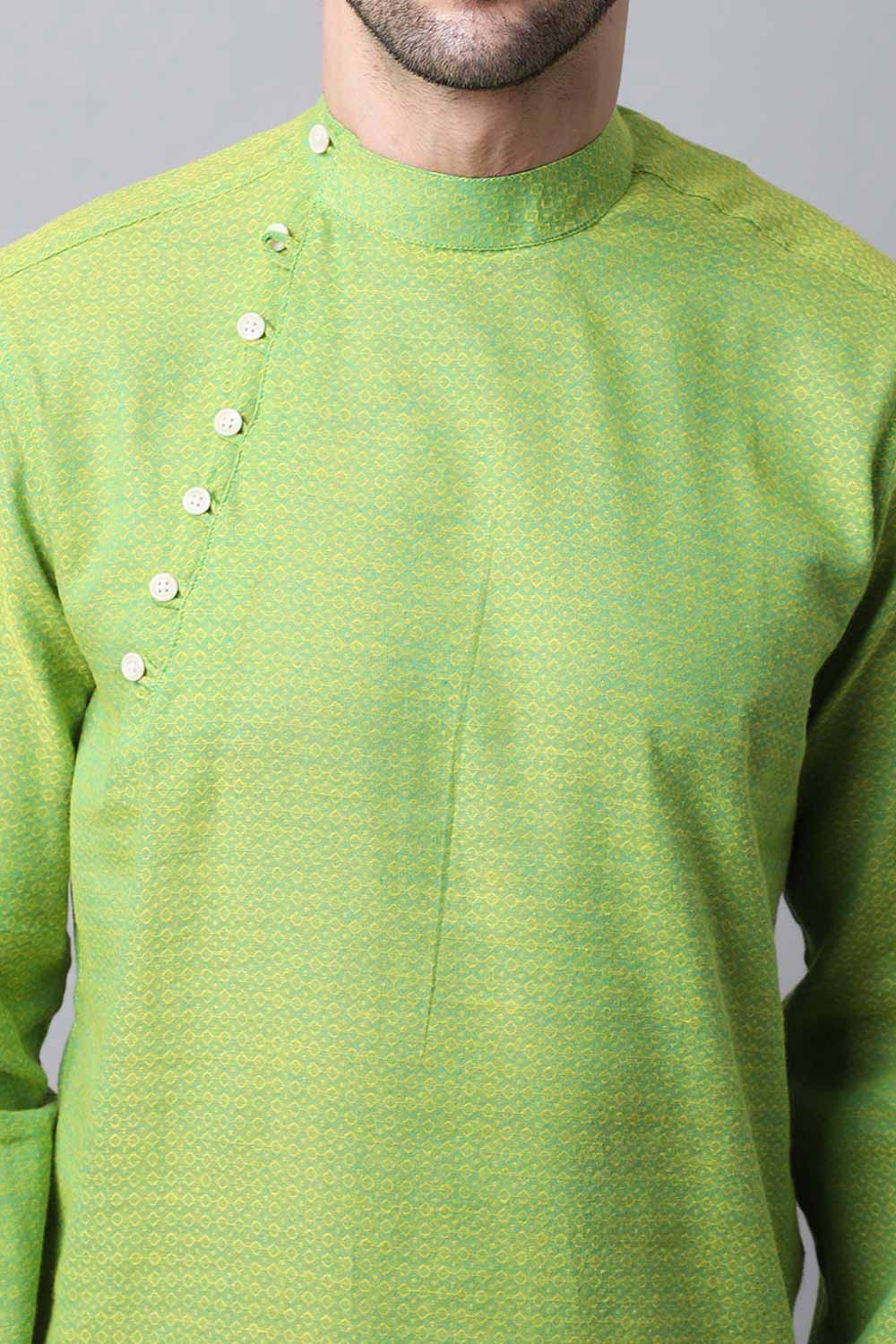 Men's Light Green Solid Full Sleeve Long Kurta Top