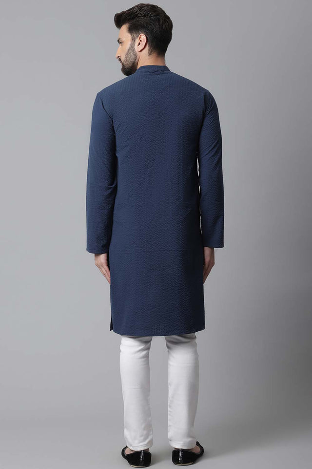 Buy Men's Blue Cotton Stripes Long Kurta Online - KARMAPLACE