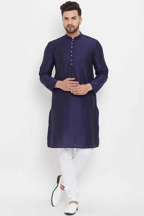 Buy Men's Polyester Solid Kurta in Navy Blue Online