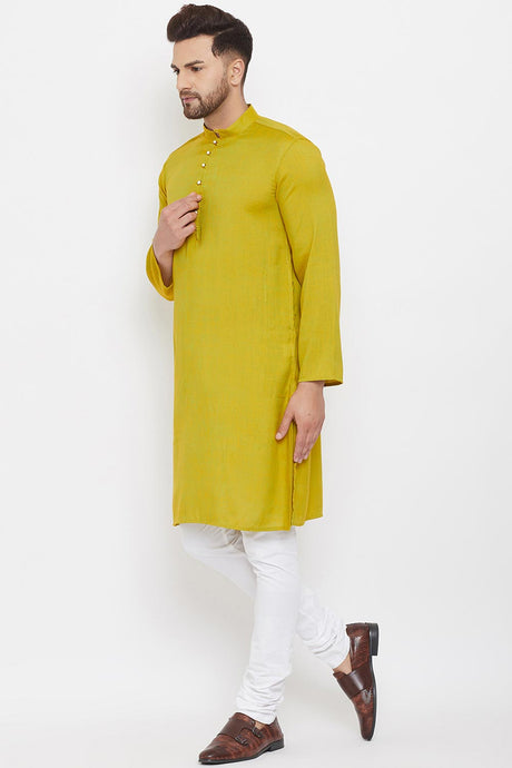 Buy Men's Rayon Solid Kurta in Yellow - Front