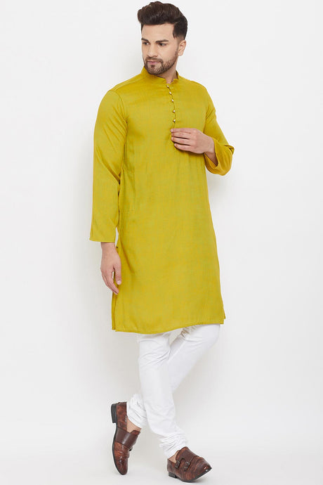 Buy Men's Rayon Solid Kurta in Yellow - Side