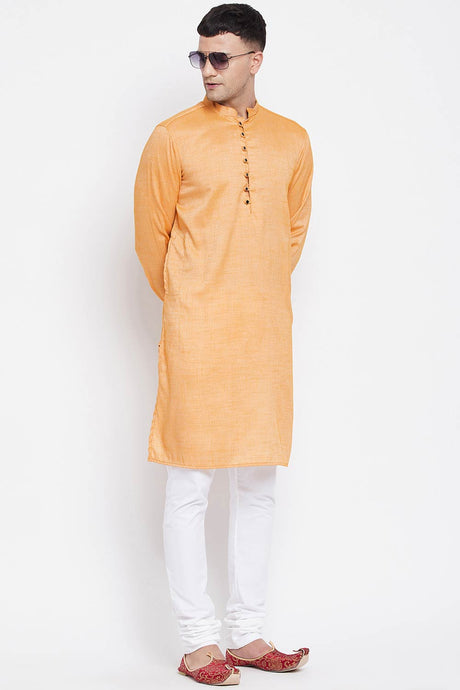 Buy Men's Rayon Solid Long Kurta in Light Yellow - Front