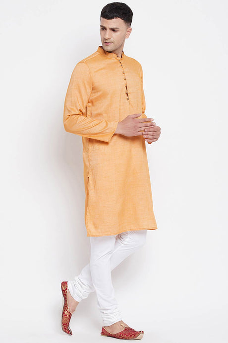 Buy Men's Rayon Solid Long Kurta in Light Yellow - Side