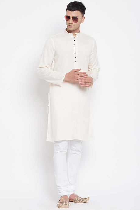 Buy Men's Rayon Solid Long Kurta in Light Cream - Front
