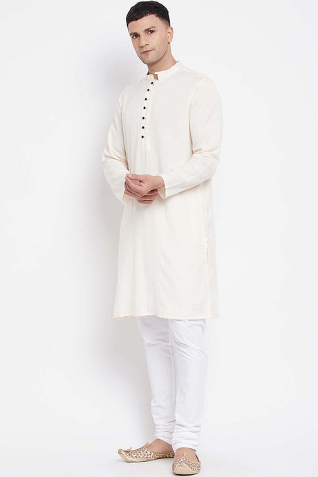 Buy Men's Rayon Solid Long Kurta in Light Cream - Back