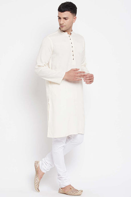 Buy Men's Rayon Solid Long Kurta in Light Cream - Side
