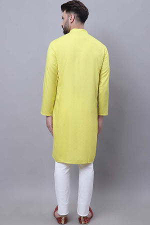 Buy Men's Yellow Cotton Self Design Long Kurta Top Online - Side