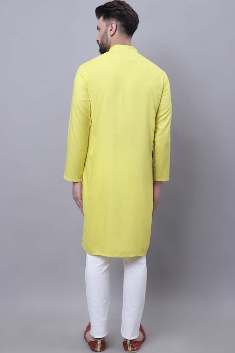 Buy Men's Yellow Cotton Self Design Long Kurta Top Online - Side