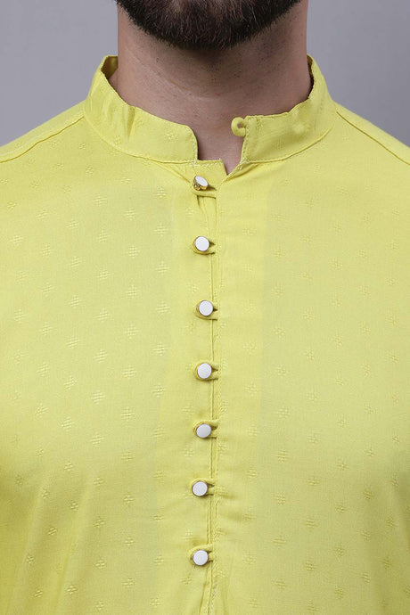 Buy Men's Yellow Cotton Self Design Long Kurta Top Online - Zoom In