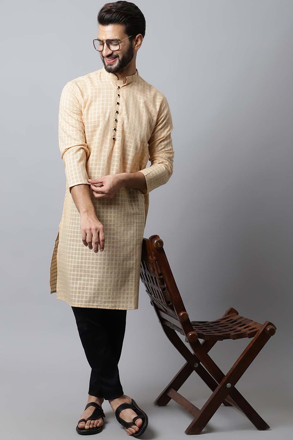 Men's Light Beige Solid Full Sleeve Long Kurta Top (LPP-CHK1200-BGC)